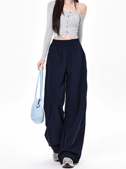 Navy Blue Sports Cargo Pants for Women, New Autumn Style, American High-Waisted Slimming Wide-Leg Pants, Petite Straight-Leg Pants for Men