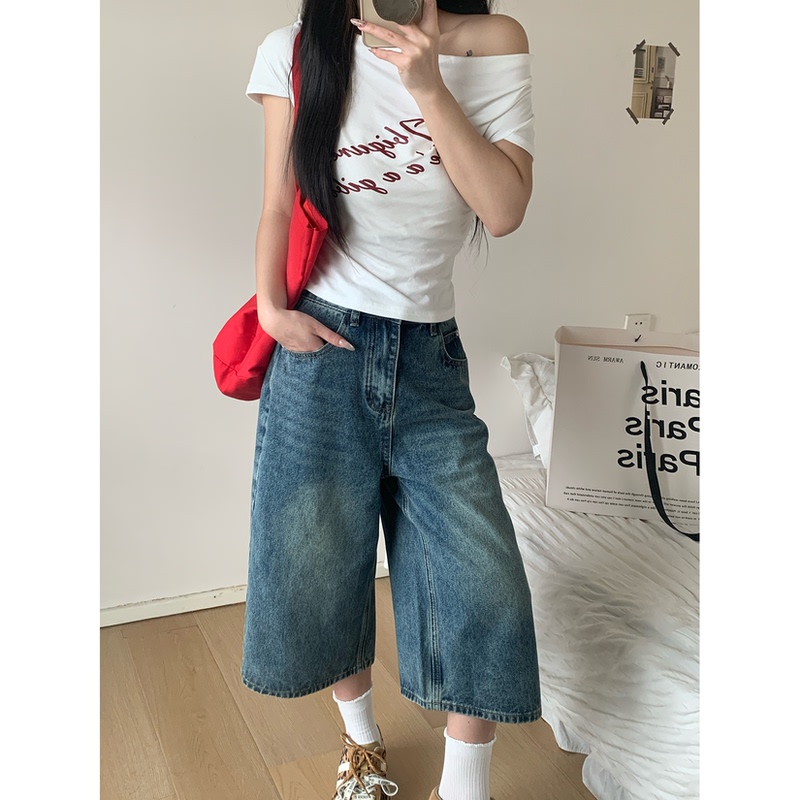 Vintage Blue Denim Cropped Pants for Women, Thin Style, 2026 Summer New American-Style Wide-Leg Eight-Point Pants for Petite Women Vintage Blue Denim Cropped Pants for Women, Thin Style, 2026 Summer New American-Style Wide-Leg Eight-Point Pants for Petite Women