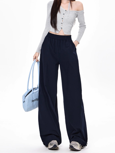 Navy Blue Sports Cargo Pants for Women, New Autumn Style, American High-Waisted Slimming Wide-Leg Pants, Petite Straight-Leg Pants for Men