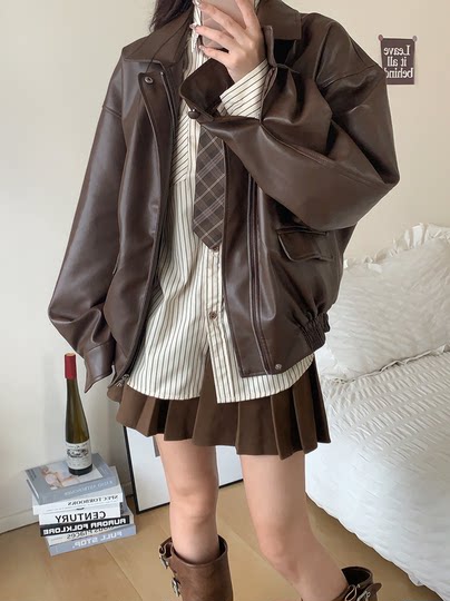 
New Spring and Autumn Maillard Fashion Jacket Men's and Women's Brown Jacket American Small People's Hot Leather Jacket