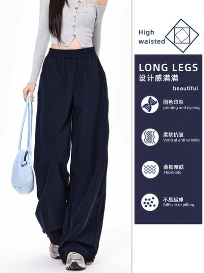 Navy Blue Sports Cargo Pants for Women, New Autumn Style, American High-Waisted Slimming Wide-Leg Pants, Petite Straight-Leg Pants for Men