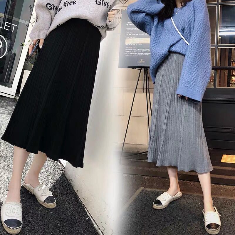 2021 new pregnant woman knit half-body dress with long version of autumn and winter Korean version of the beautiful 100 pleat a word wool line skirt tide