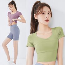 Yoga Suit Woman With Chest Cushion Running Fitness Short Sleeve Sports Quick Dry Blouse Tight Fit Summer New Suit Summer Thin
