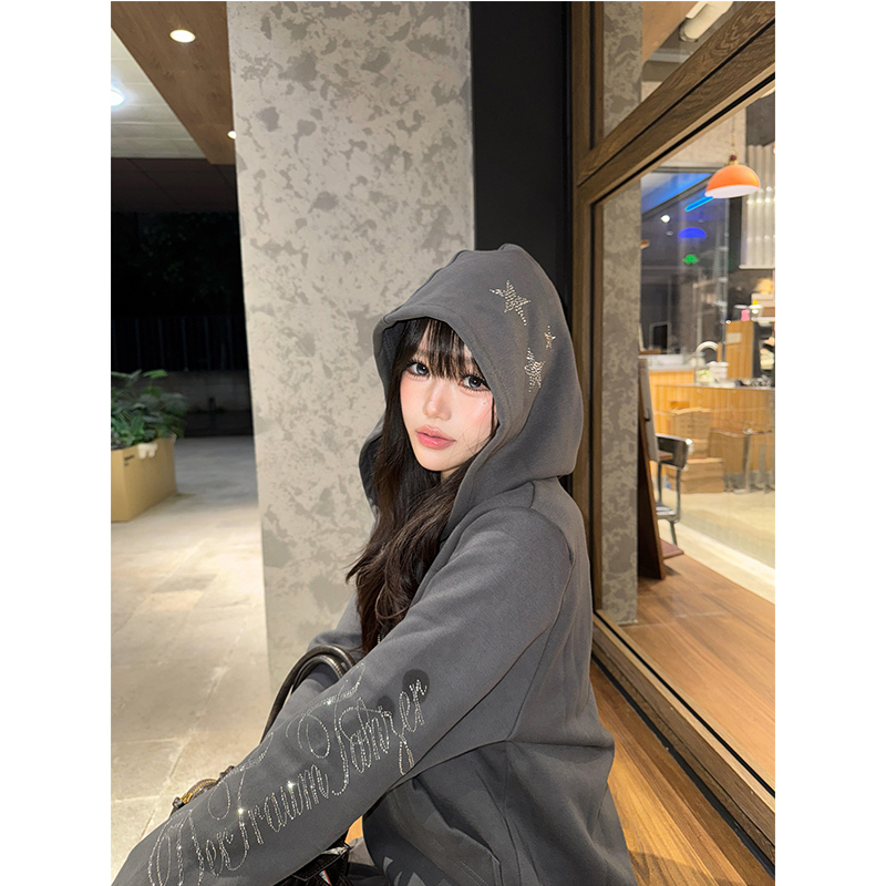 American High Street Style Hooded Star-Studded Zipper Sweatshirt for Women, Autumn and Winter Design, Retro Light Asian Loose Cardigan Jacket