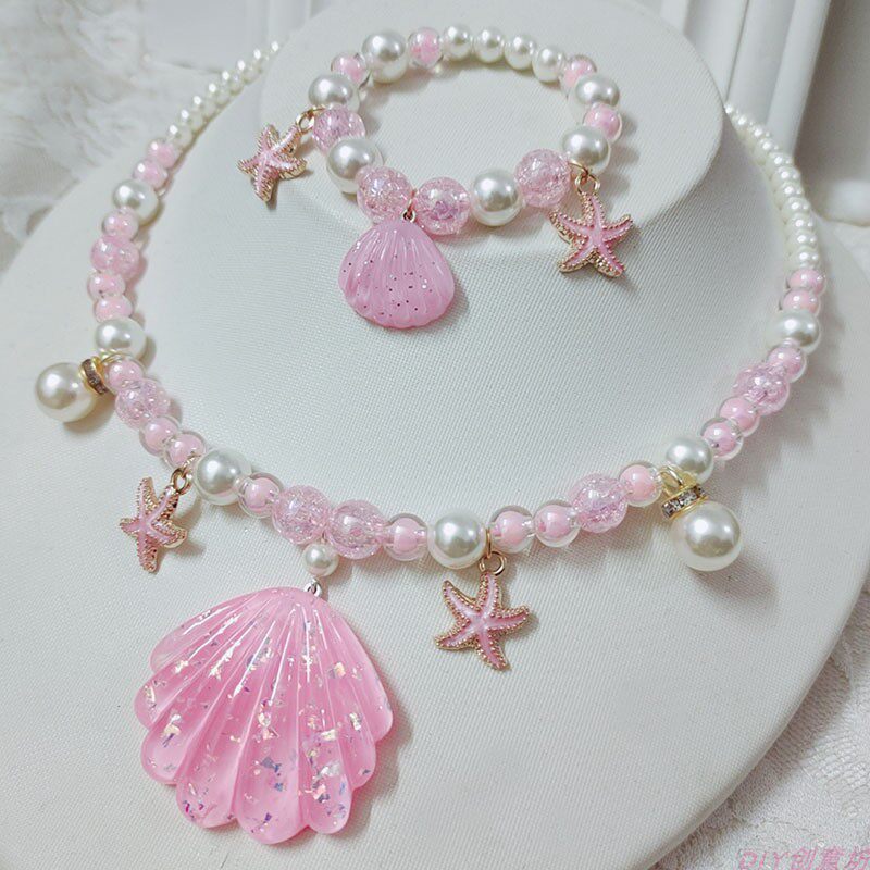 Children's neckchain Princess jewelry ocean shell imitating pearl girl necklace bracelet set six-one gift