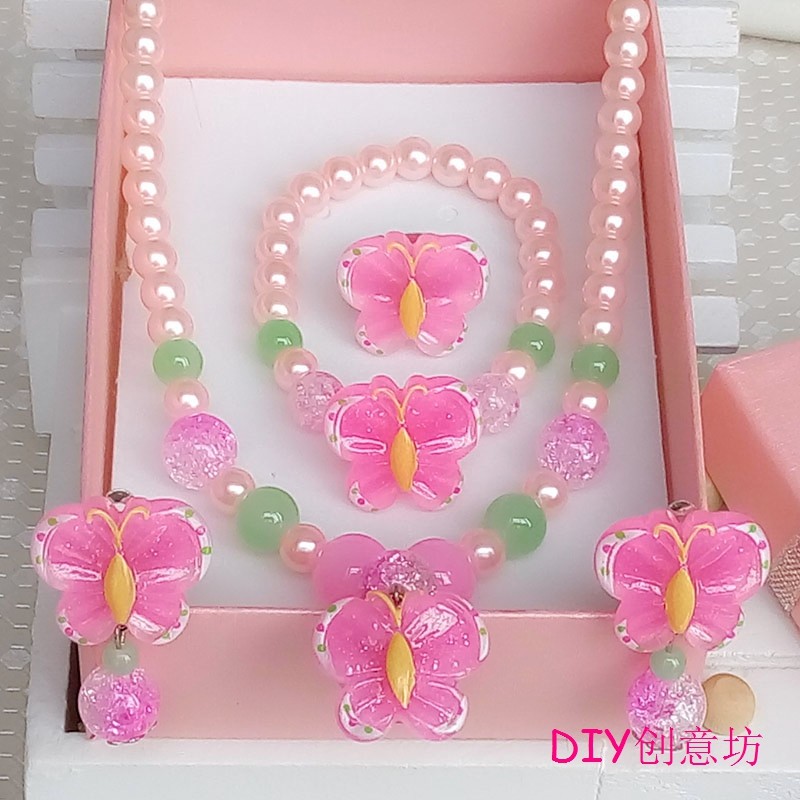 Children's Necklace Baby Bracelet Princess Jewelry Set 3-10 years old Girl Ear clip Ring Accessories Gift for girls