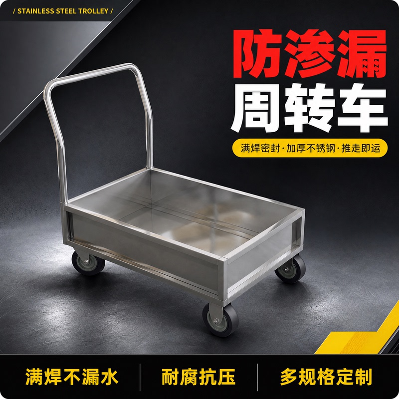 Stainless Steel Anti-Leakage Turnover Cart with Thickened Sides for Factory Workshop Storage and Transport, Silent Small Trolley