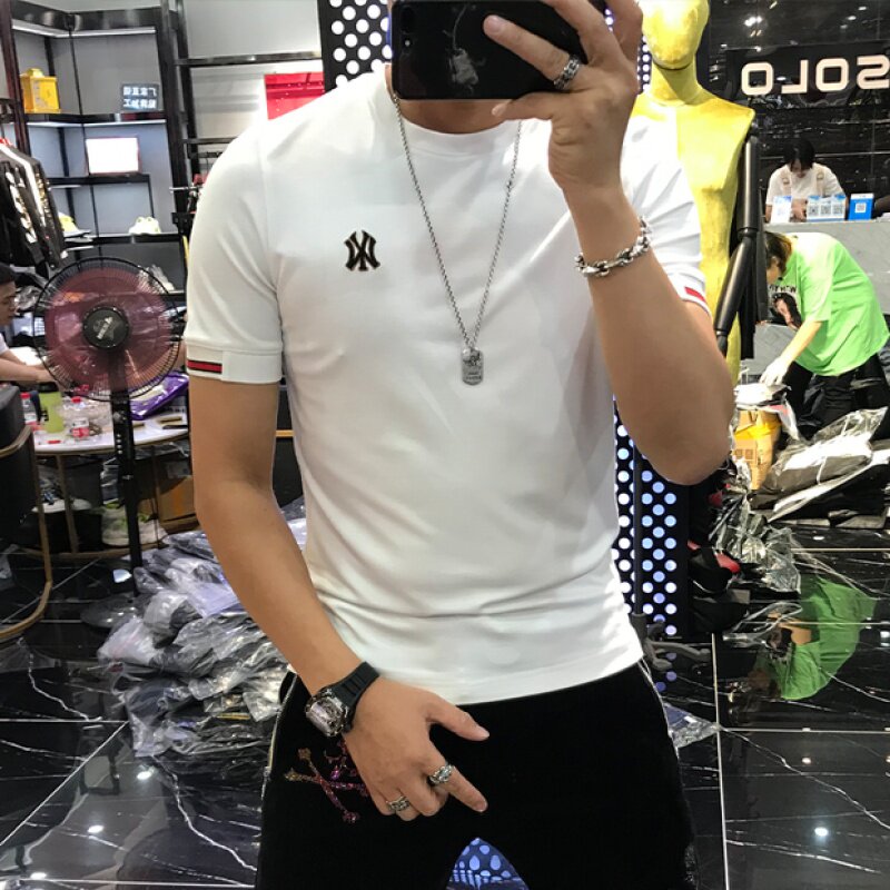 New men's short-sleeved T-shirt 2020 summer hipster embroidery slim-fit handsome men's youth simple base shirt