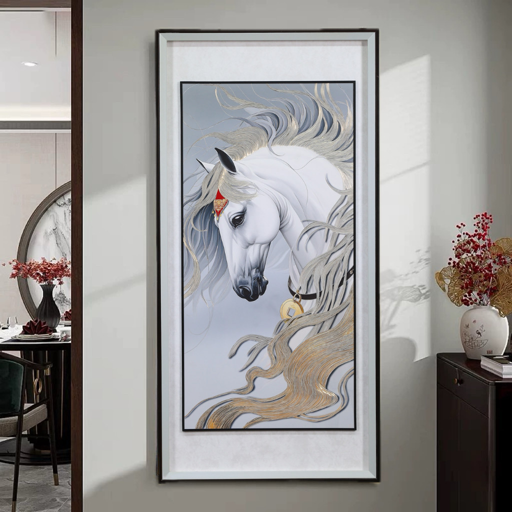 马到成功入户玄关装饰画手工錾刻铜雕画中式风格国画走廊过道壁画