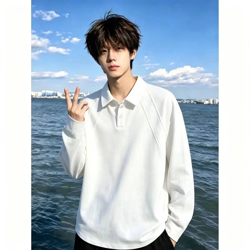 White Deconstructed Lapel Long-Sleeve T-Shirt for Men, Loose Drop Shoulder Sleeves, New Autumn Polo Collar Heavyweight Base Shirt, Trendy Brand White Deconstructed Lapel Long-Sleeve T-Shirt for Men, Loose Drop Shoulder Sleeves, New Autumn Polo Collar Heavyweight Base Shirt, Trendy Brand