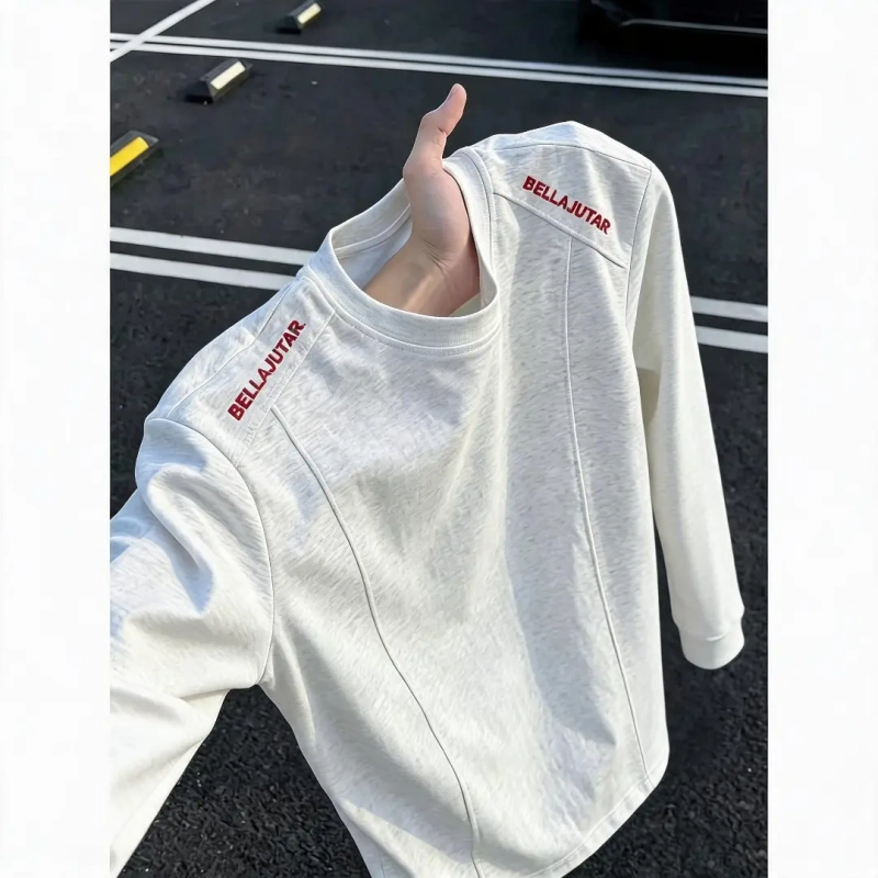 White Floral Gray-Red Label Embroidered Long-Sleeve Men's Autumn Trendy American High Street T-Shirt Heavy-Duty Crew Neck Base Shirt
