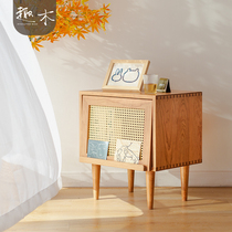 Nordic Rattan bedside table Japanese simple black walnut Cherry wood Bedroom bedside cabinet Small storage locker