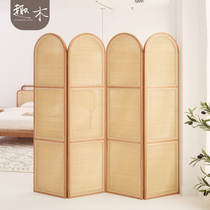 Fun wood arc screen Nordic Rattan woven guest restaurant folding mobile partition Cherry wood Japanese solid wood entrance folding screen
