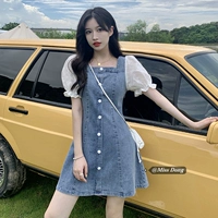 Летнее джинсовое платье, ретро юбка, французский стиль, квадратный вырез, 2024 года, подходит для подростков, яркий броский стиль, по фигуре