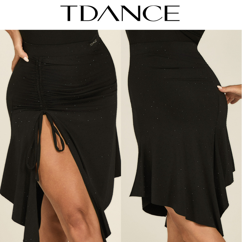 Tdance Latin Dance Practice Clothes [Rhinestone Shiny Leather Ruched Drawstring Skirt] Performance Class Uniform Versatile Gl-200