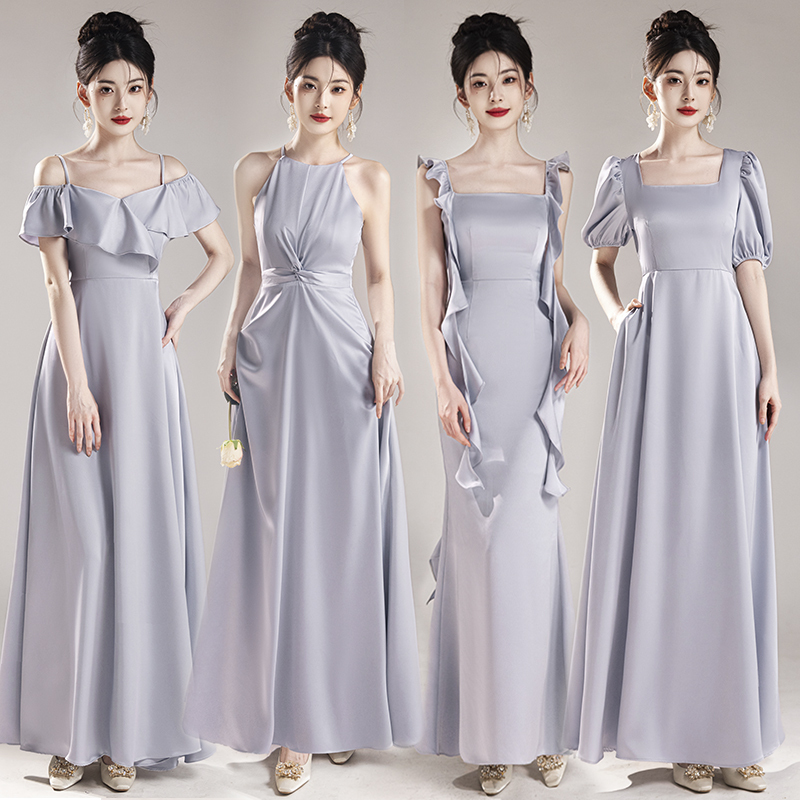 Light Blue Double-Sided Satin Bridesmaid Dress Sister Dress 2025 New Style Host Chorus Performance Banquet Multi-Style Dress
