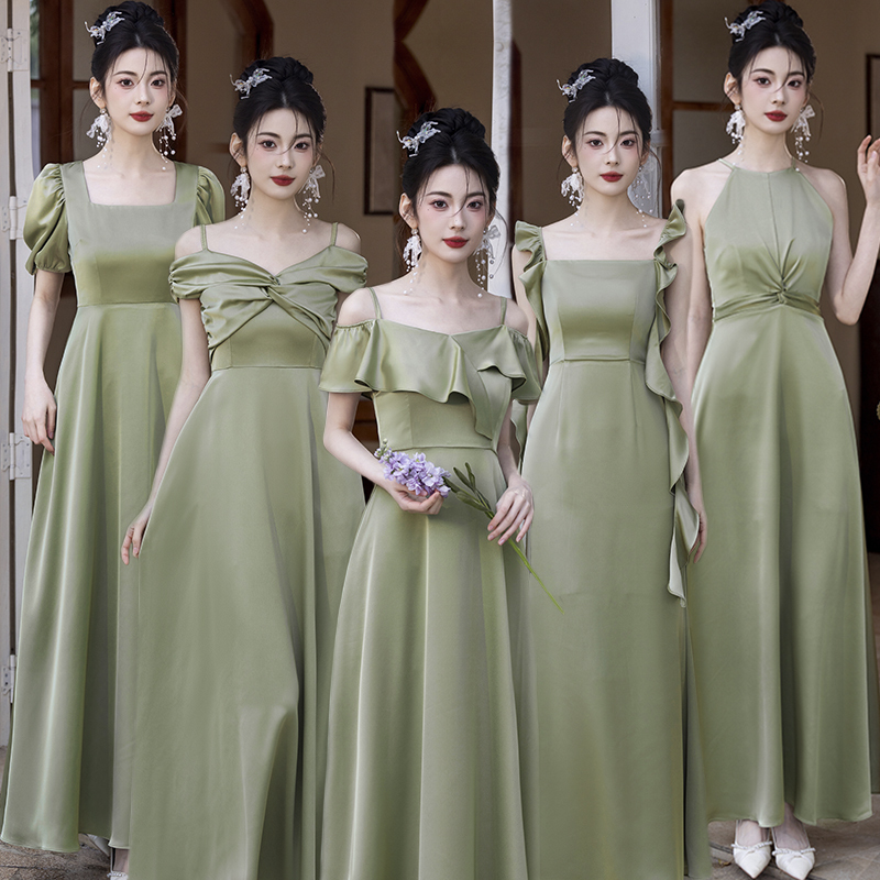 Green Satin Bridesmaid Dress 2025 New Style Sister Dress Slimming High-End Feel Host Performance Daily Niche Light Dress