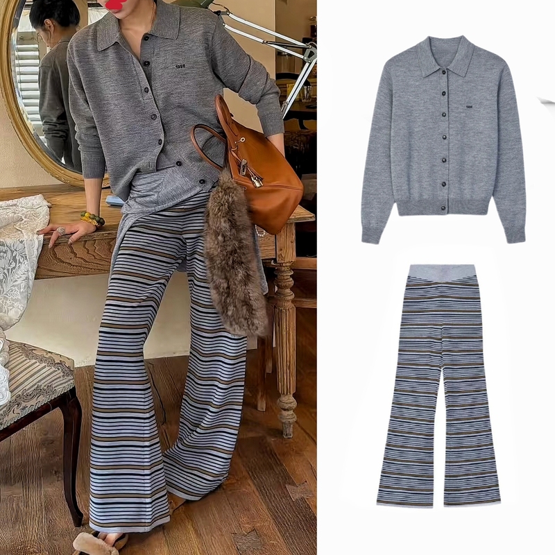 In Stock~ Designer Boutique Hot-Selling 100% Wool Cardigan Sweater Striped Knit Casual Pants Slimming Long Pants In Stock~ Designer Boutique Hot-Selling 100% Wool Cardigan Sweater Striped Knit Casual Pants Slimming Long Pants