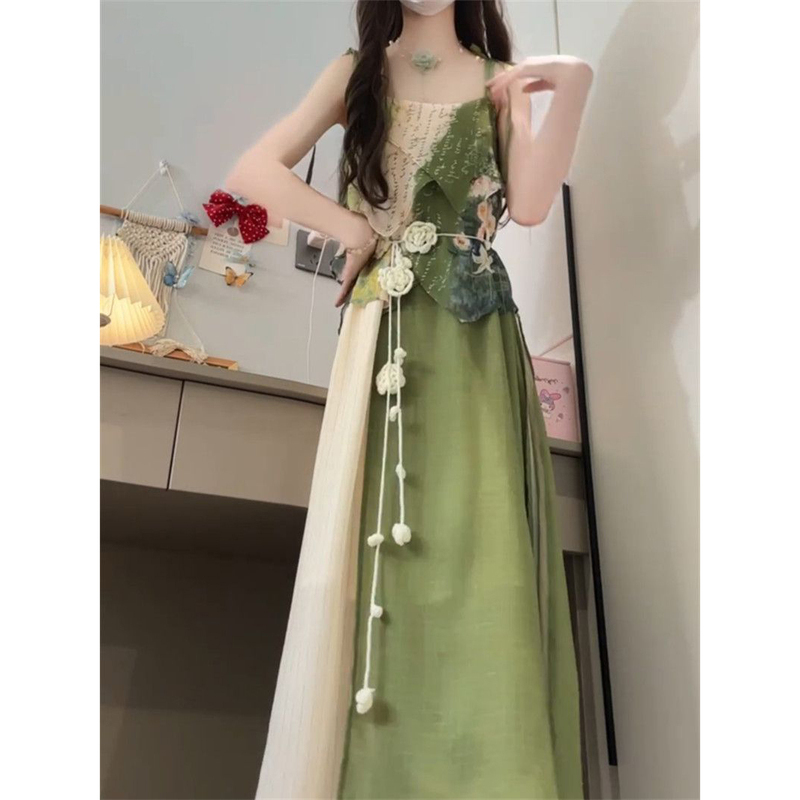 2026 Summer Niche Green Patchwork Strap Dress Retro New Chinese Style National Style Vacation Dress for Women 2026 Summer Niche Green Patchwork Strap Dress Retro New Chinese Style National Style Vacation Dress for Women
