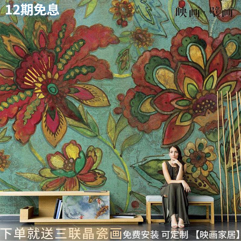 American retro hand-painted Abstract Flower Living Room TV Background Wall Paper Seamless Sofa Wallpaper Mural Wall Cloth