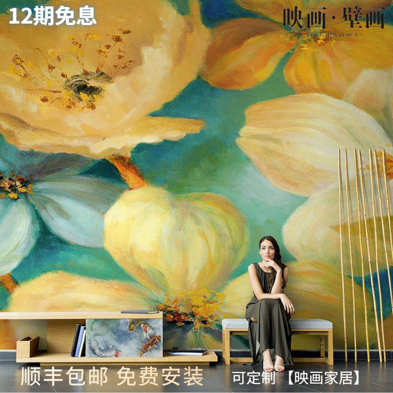 Nordic hand-painted oil painting flowers frangipani living room TV background wallpaper seamless sofa wallpaper mural cloth
