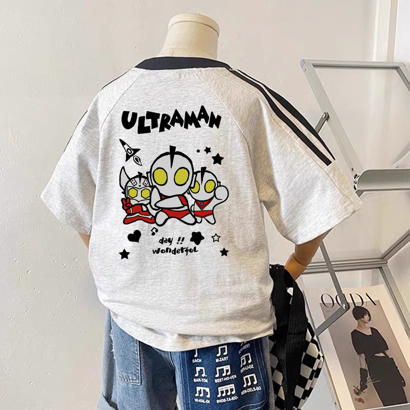 Boys' Cartoon Pure Cotton Short-Sleeved T-Shirt Top Summer Boys' Trendy Cool Ultraman Superhero Children's Clothing T-Shirt