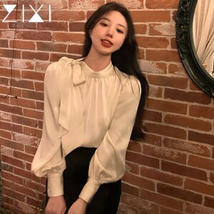 White Satin French-Style Shirt for Women, Office Lady Bow Tie Lantern Sleeve Blouse, High-End Light Luxury, Super Pretty Top