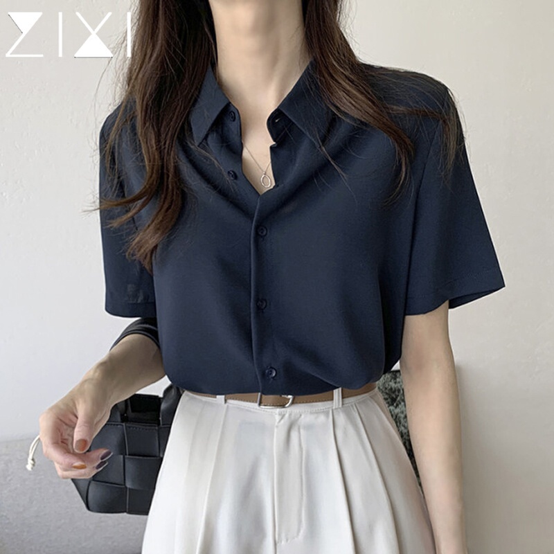 Blue Short-Sleeved Chiffon Shirt for Women, Summer Navy Blue, Deep Blue, Drapey, Wrinkle-Resistant, Professional Shirt, Interview and Work Commute Top Blue Short-Sleeved Chiffon Shirt for Women, Summer Navy Blue, Deep Blue, Drapey, Wrinkle-Resistant, Professional Shirt, Interview and Work Commute Top