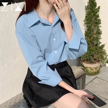 Light blue shirt female spring 2023 new design sense niche long-sleeved khaki top loose long-sleeved shirt