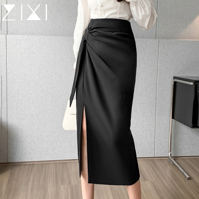 Irregular Slit Suit Skirt for Women, New Professional Style, Black, High-Waisted, Hip-Hugging, Tie-Up A-Line Long Skirt