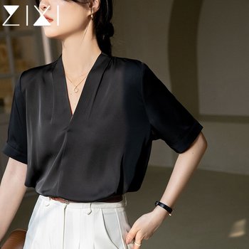 Professional shirt women's short-sleeved interview wear formal commuter top summer thin section high-quality v-neck black satin shirt