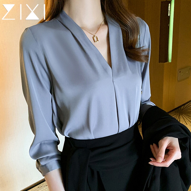 Blue V-Neck Shirt for Women, Gray-Blue Satin Shirt, 2026 Spring New High-End Long-Sleeved Professional Workwear Top