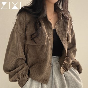 Coffee color shirt long-sleeved women's Hong Kong style retro corduroy shirt jacket spring and autumn design sense niche short top