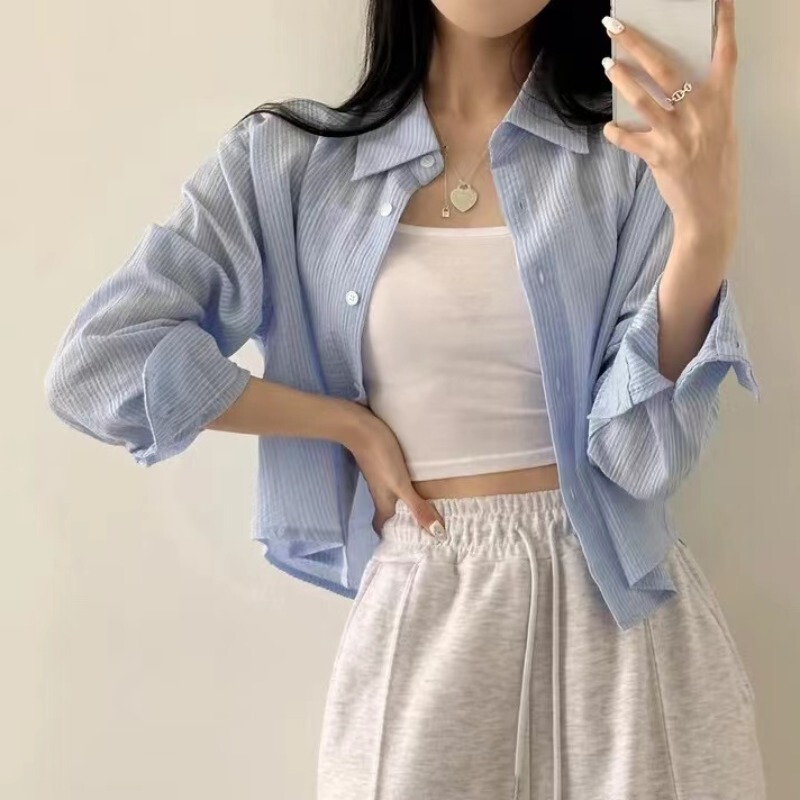 Sun Protection Clothing for Women, Summer Blue Striped Shirt Jacket, Thin Style, 2026 New Model, Short Cardigan for Petite Figures