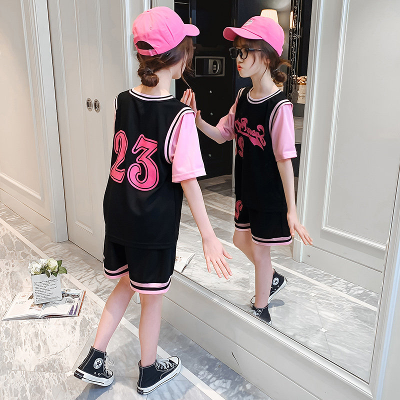 Sports suit girls summer basketball clothes two-piece thin summer clothes children's short-sleeved shorts quick-drying ball clothes loose