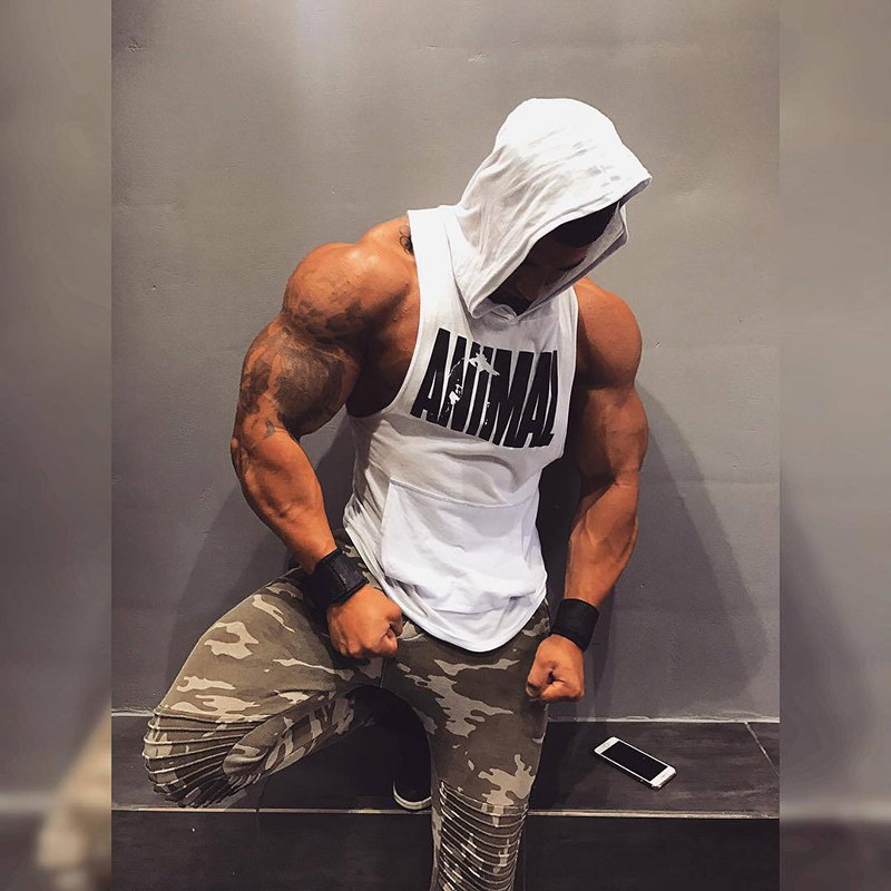 Muscle kangaroo men's fitness training exercise clothes sports waistcoat fitness tide coach sleeveless hooded iron vest