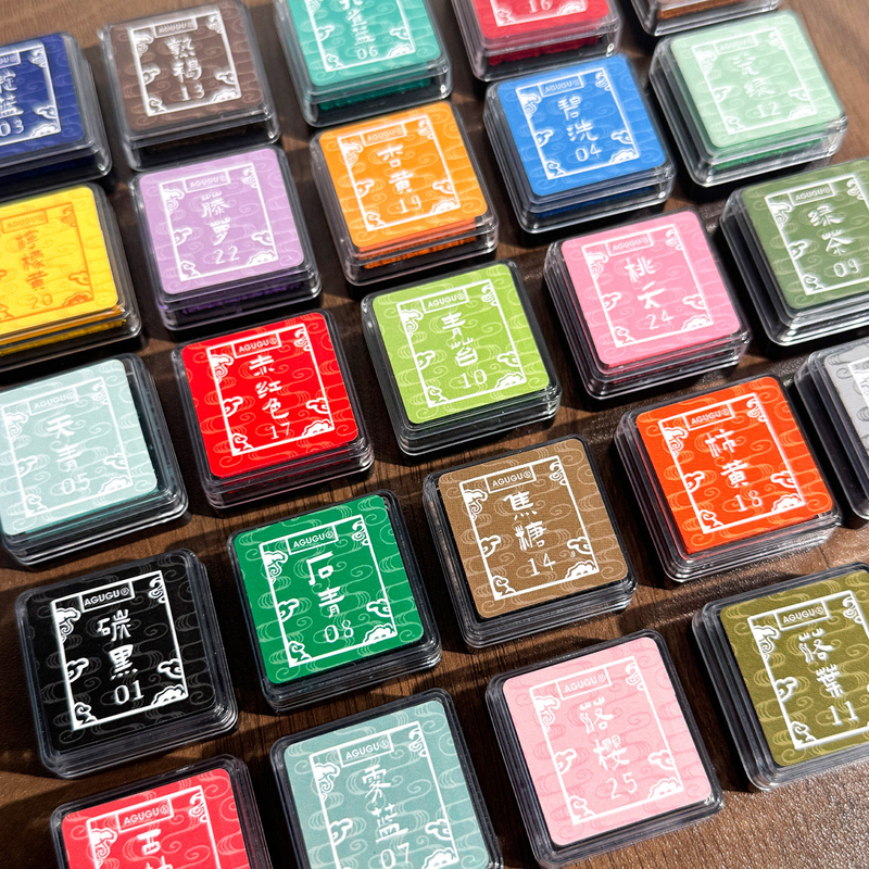 Agugu Practical Color Stamp Ink Pad Oil-Based Pigment Quick-Drying Chinese Style Mini Colorful Journal Stamp Pad 24 Colors