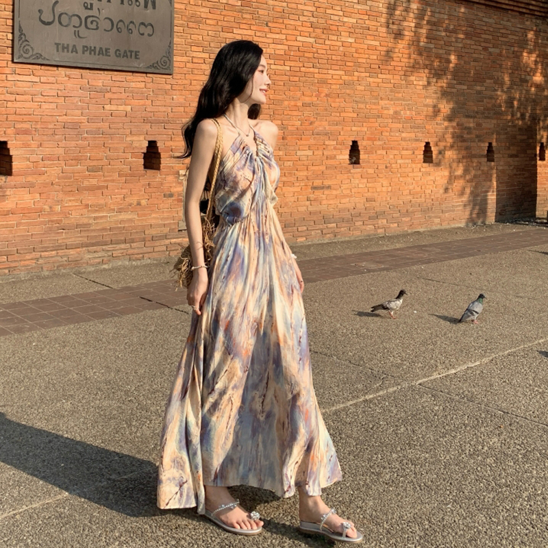 Oil Painting Style Gentle and Flowing Floral Spaghetti Strap Dress, French Retro Ruched Backless Long Dress for Seaside Vacation