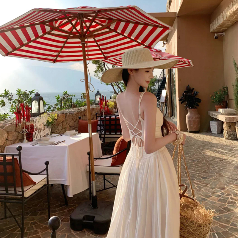 French-Style Elegant Vacation Slip Dress, Summer Sexy Backless Tie-Up Beach Photo Shoot Long Dress, Little White Dress French-Style Elegant Vacation Slip Dress, Summer Sexy Backless Tie-Up Beach Photo Shoot Long Dress, Little White Dress