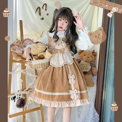 taobao agent Winter velvet cute small princess costume, dress, with little bears, with embroidery, Lolita style