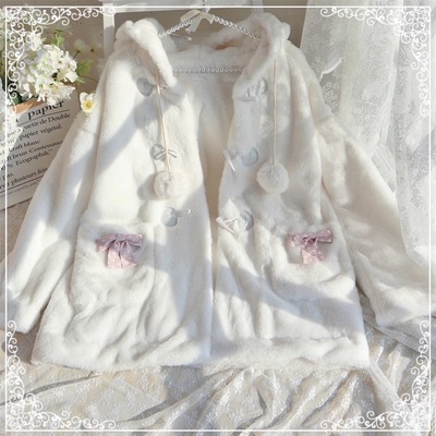 taobao agent Winter white colored velvet cute jacket, coat with hood, Lolita style