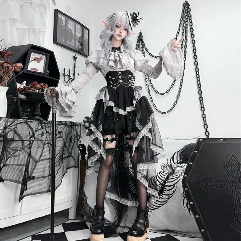 Dark fairy tale gothic style dress set, dark super cool Lolita two-piece set with waist-cinching skirt.
