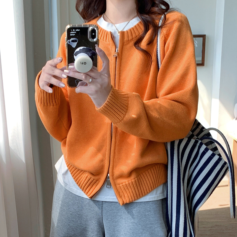 100% Cotton, All-Cotton Zip-Up Cardigan for Women, Sunset Orange Knit Sweater Jacket, Short Korean-Style Chic Outerwear