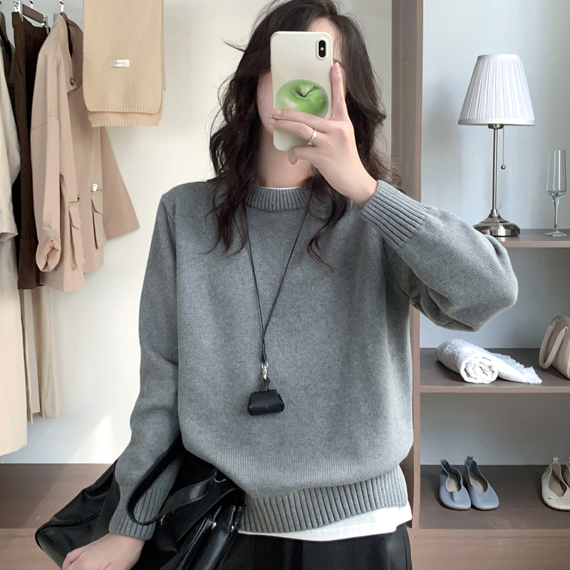 100% Cotton Pure Cotton Round Neck Sweater for Women, New Autumn and Winter Style, Loose Gray Thick Pullover Knitted Base Shirt Top 100% Cotton Pure Cotton Round Neck Sweater for Women, New Autumn and Winter Style, Loose Gray Thick Pullover Knitted Base Shirt Top