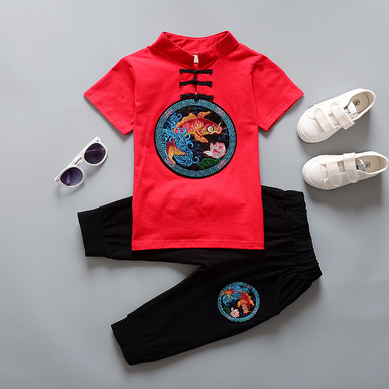 Children's new summer clothes children Chinese wind short sleeves Down with two sets of boys CUHK Summer Retro Suit Men