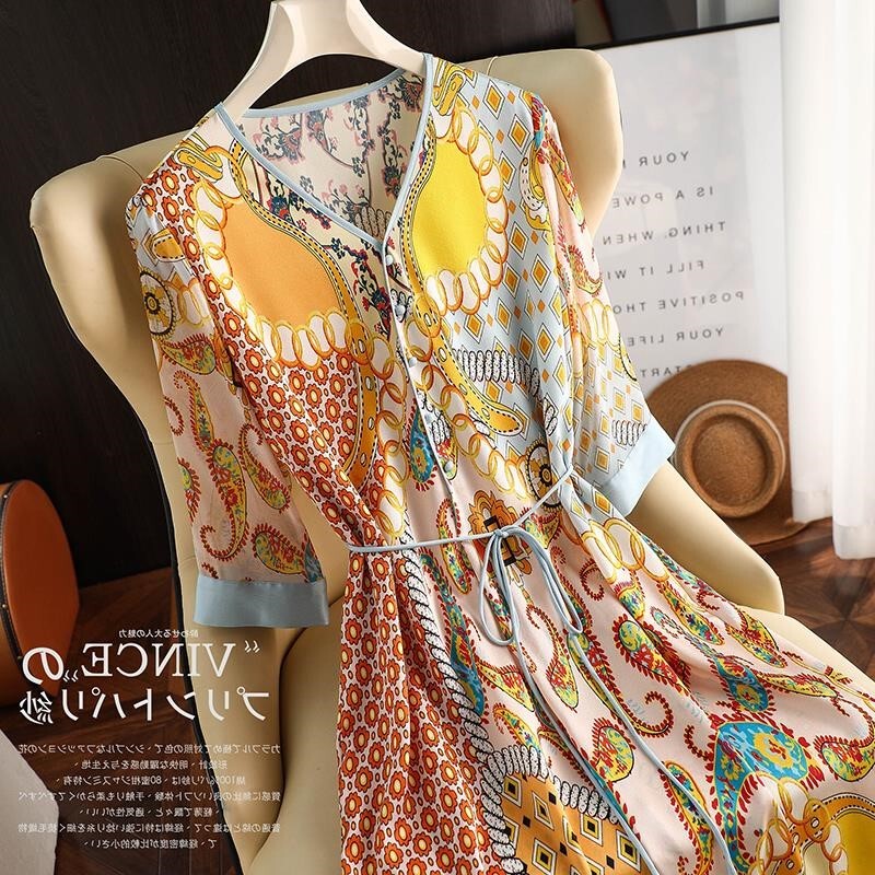 Clearance Sale of Designer Silk Dresses from Major Brands, 2026 Summer New Collection, Ethnic Style Printed Mulberry Silk Goddess-Style Elegant Dress