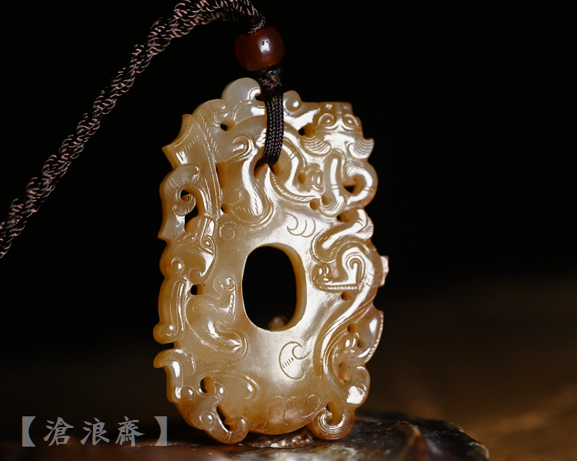 戰國漢代高浮雕玉璧古董螭龍紋和田玉紅沁龍鳳紋古玉收藏