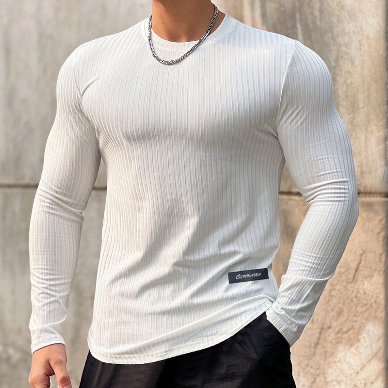 Autumn and Winter Trendy Brand Fitness Long-Sleeved Men's Striped Solid Color Sports Training Running Round Neck T-Shirt Quick-Drying Elastic Base Shirt