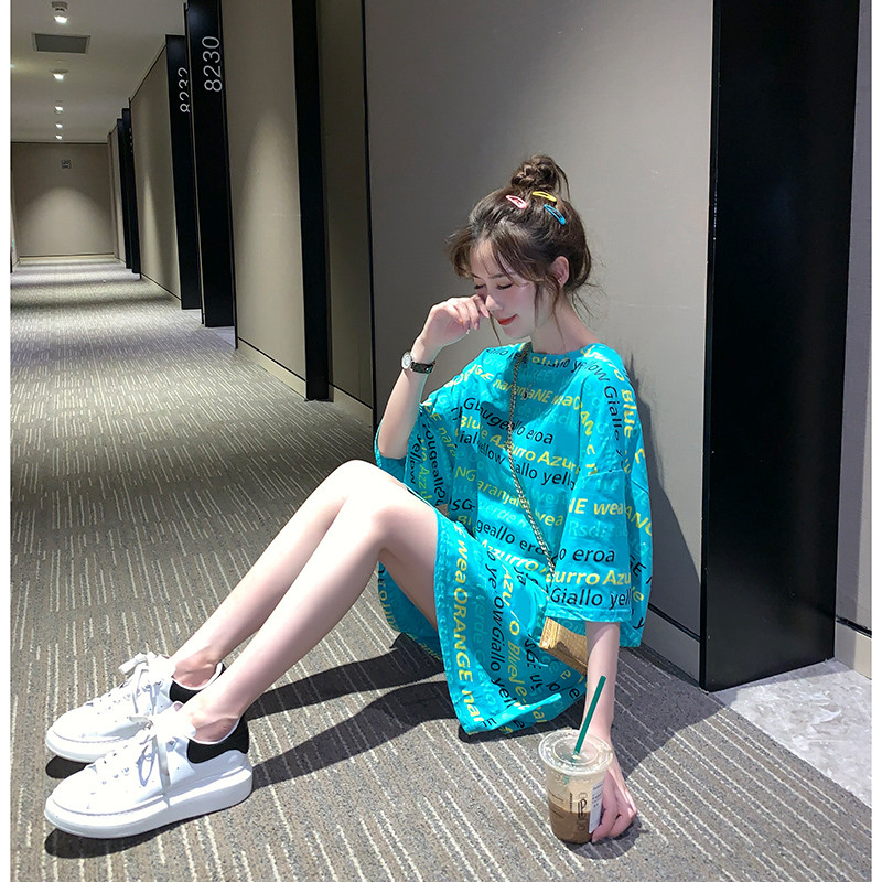 South Korea 2020 Summer New Ins Day Department Loose Medium Long Version Half Sleeve Blouse Port Wind Short Sleeve Big Size T-shirt Woman