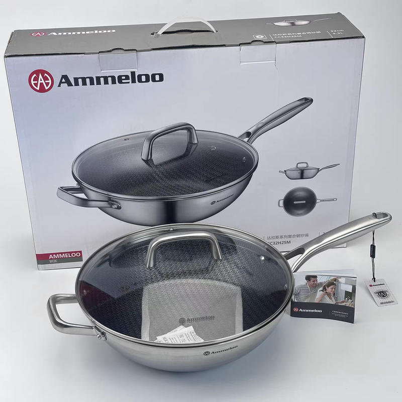 Ammeloo/Cc32H2Sm Dallas Series Household 304 Composite Steel Flat-Bottomed Frying Pan, Compatible with Gas and Electric Stoves